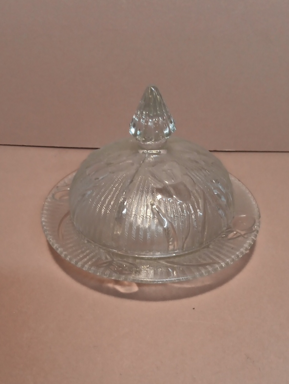 Iris and Herringbone Depression Glass Butter Dish & Lid Vintage